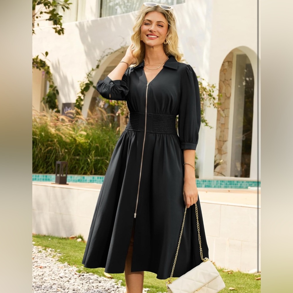 GRACE KARIN Fall 2025 A Line Smocked Work Dress Fit and Flare V Neck with Pocket